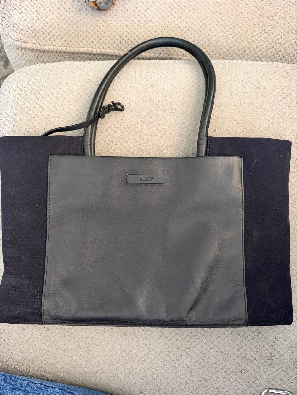 Tumi Black Leather & Navy Suede Laptop Tote
